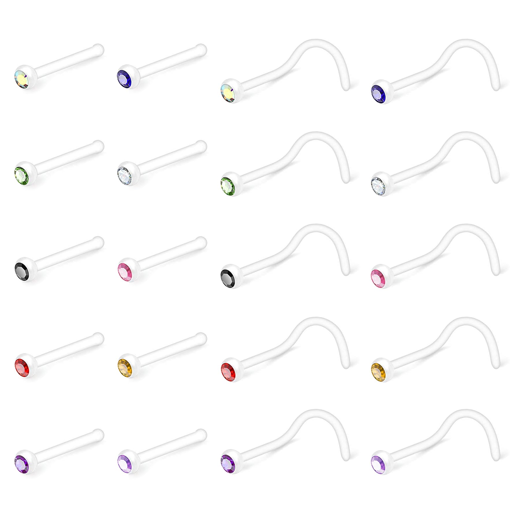 Crdifu 20pcs Nose Ring Stud Retainers Screw L Shape Nose Bone Flexible Bioflex Plastik 20G with Crystal Piercing