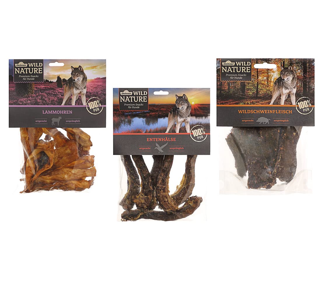 Dehner Wild Nature dog treat, a mix of 3 varieties, duck necks, lamb ears and wild boar meat, natural, 500 g