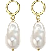 14k Gold Small Hoop Earrings with Simulated Baroque Pearl Earrings for Women | Pearl Drop Dangle Earrings Gold Hoop Earrings for Women