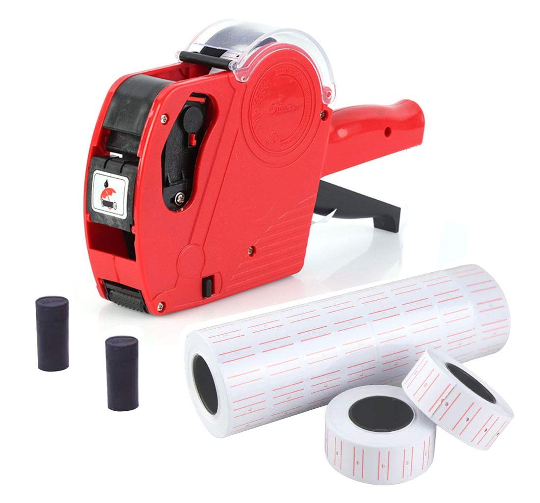 JZK Price tag Gun 1 line 8 Characters Retail Pricing Label Gun kit with 10 Rolls of Label and 2 Ink cartridges, red