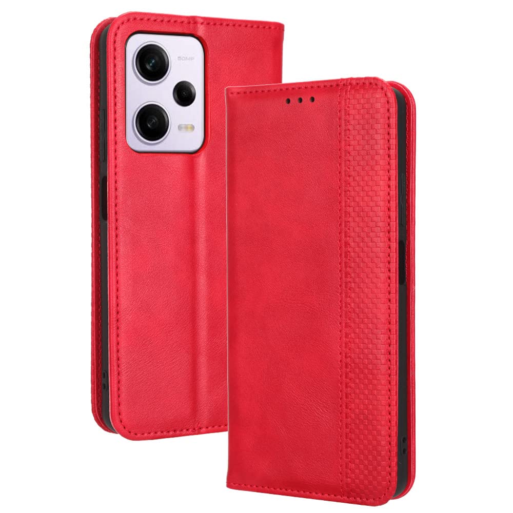 XINNI Protective Phone Case for Xiaomi Redmi Note 12 Pro+/Plus 5G, PU/TPU Vintage Flip Leather Shockproof Cover Magnetic Book Style Wallet, Red — image 1