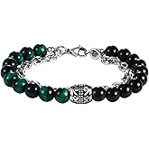 Rofusn Tiger Eye Beaded Bracelet for Men: Cross Skull Celtic Knot Black Agate Stone Natural Beads Stretch Link Chain Bracelet Valentines Halloween Jewelry