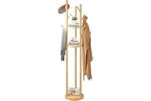 FILWH Bamboo Coat Rack Rotary Freestanding Coat Tree Rack Stand with 9 Hooks 3 Storage Shelves Easy Assembly Standing Coat Rack for Hallway Entryway Coat Hanger Stand for Clothes(Nature)