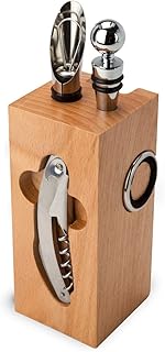 ROMINOX Geschenkartikel Weinaccessoires // Buche Block – Weinzubehör 7-teilig, Block mit Sommeliermesser, 2 Tropfringe, Weinthermometer, Flaschenverschluss, Ausgießer; Maße: ca. 7 x 7 x 22 cm
