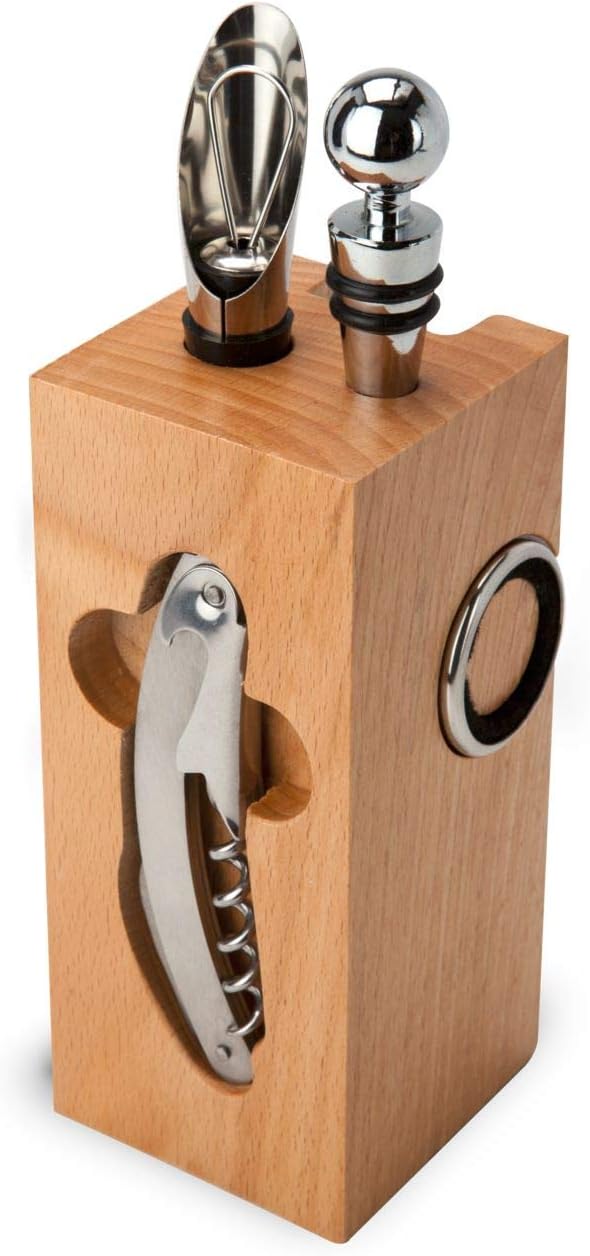 ROMINOX Geschenkartikel Weinaccessoires // Buche Block – Weinzubehör 7-teilig, Block mit Sommeliermesser, 2 Tropfringe, Weinthermometer, Flaschenverschluss, Ausgießer; Maße: ca. 7 x 7 x 22 cm