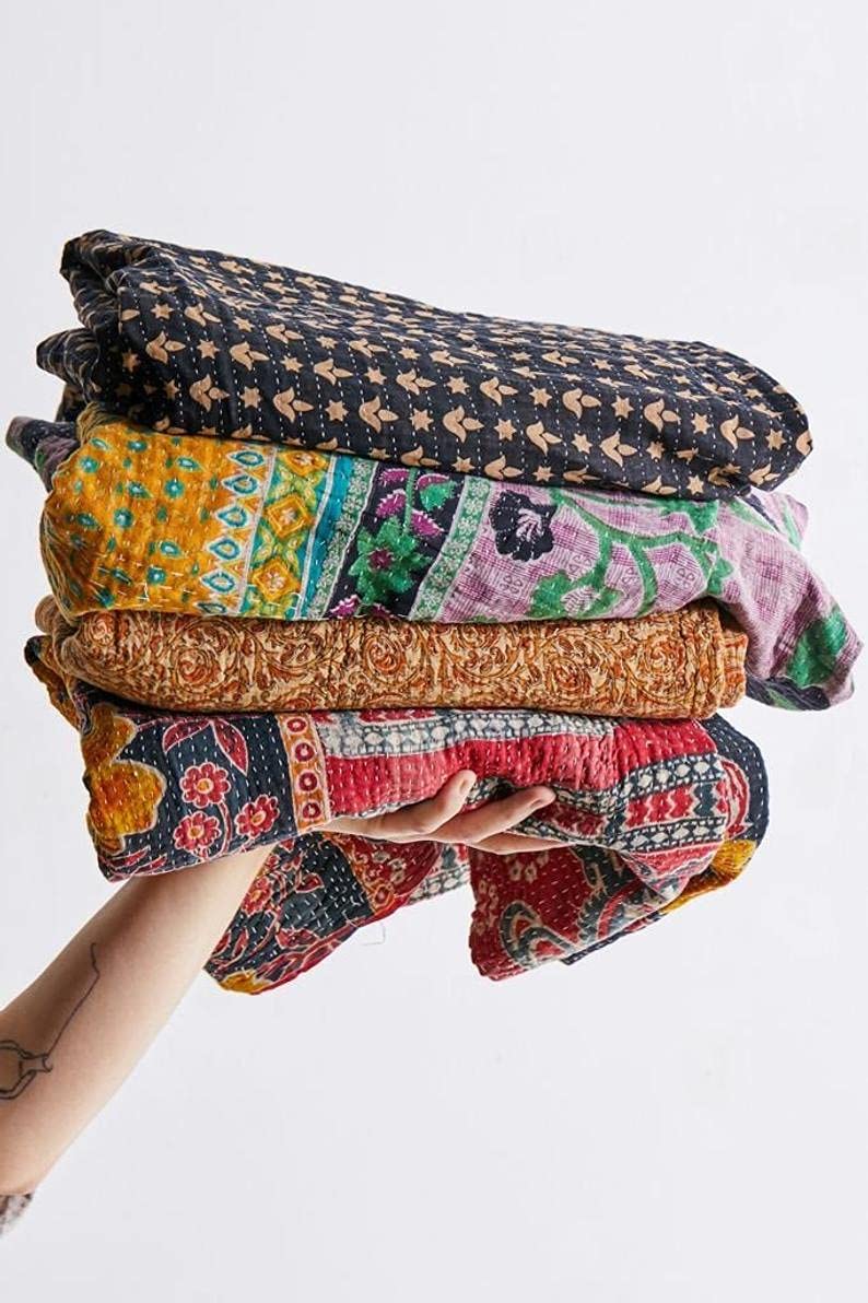 Photo 1 of Royal Craft Indian Vintage Kantha Quilt Handmade Throw Reversible Cotton Blankets 1 Quilt Assorted Colors RCKQT0096 RCKQT0096 55X85 Inches