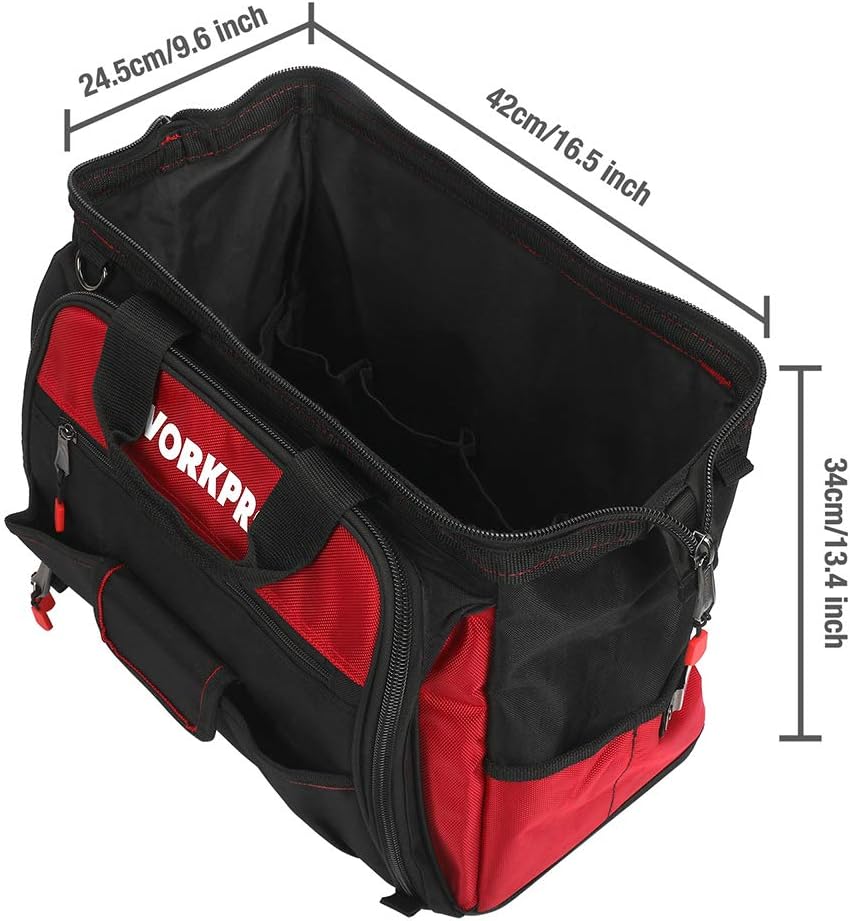 WORKPRO 16" Top Wide Mouth Tool Bag with Water Proof Rubber Base, Multi-Compartment, 46 Pockets, For Tool Organizer & Storage, W081122A - - 