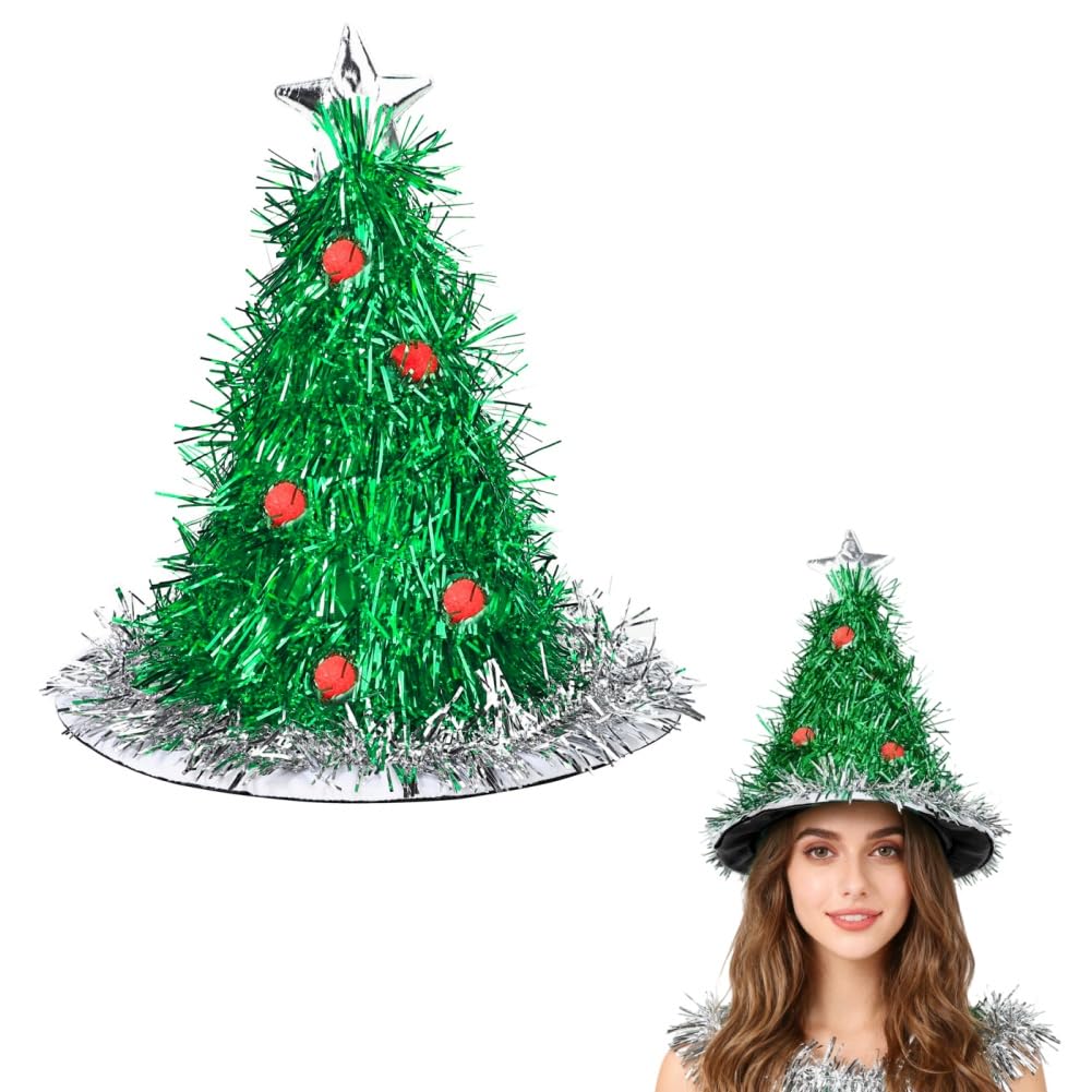 SIQITECHUK Adult Sequin Christmas Tree Hat Funny Xams Trees Hats with Star Novelty Christmas Trees Costume Accessories for Xmas Festival Holiday New Year Party Gift (Green)