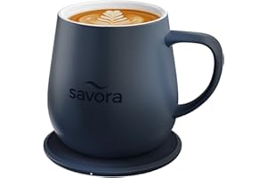 SAVORA 12oz Heated Coffee Mug | Barista’s Choice | Exclusive Wireless IntelliHeat Pad | Temperature Control Maintains 135°F | Hand-Crafted Ceramic Mug & Lid | Great for Tea Drinkers | Backed for Life - Blue