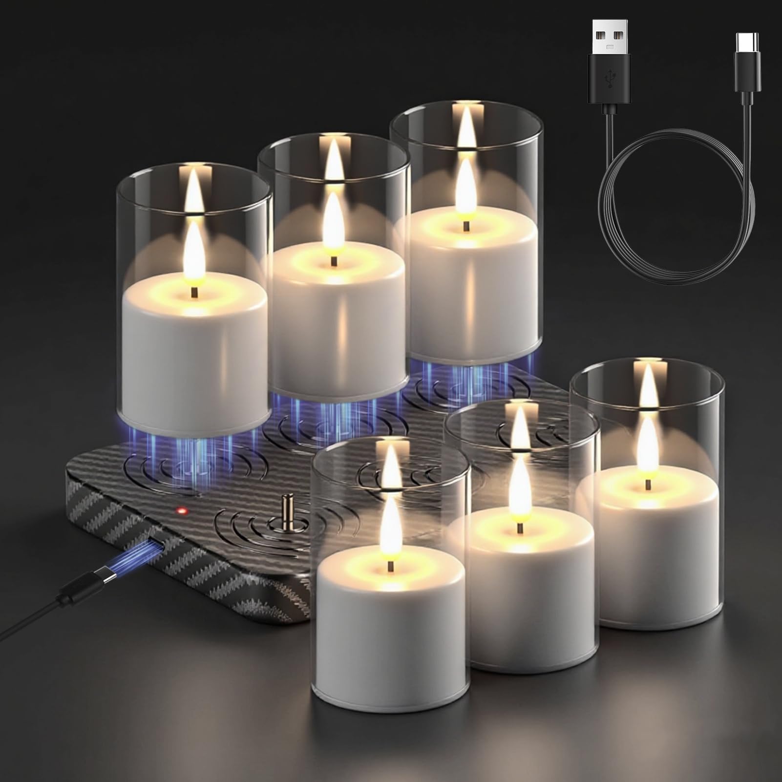Photo 1 of GenSwin Rechargeable Votive Candles Battery Operated, 6 Pack LED Candles with Charging Base, Acrylic Shell Tea Lights with 6H Timer for Halloween Decorations(Clear)