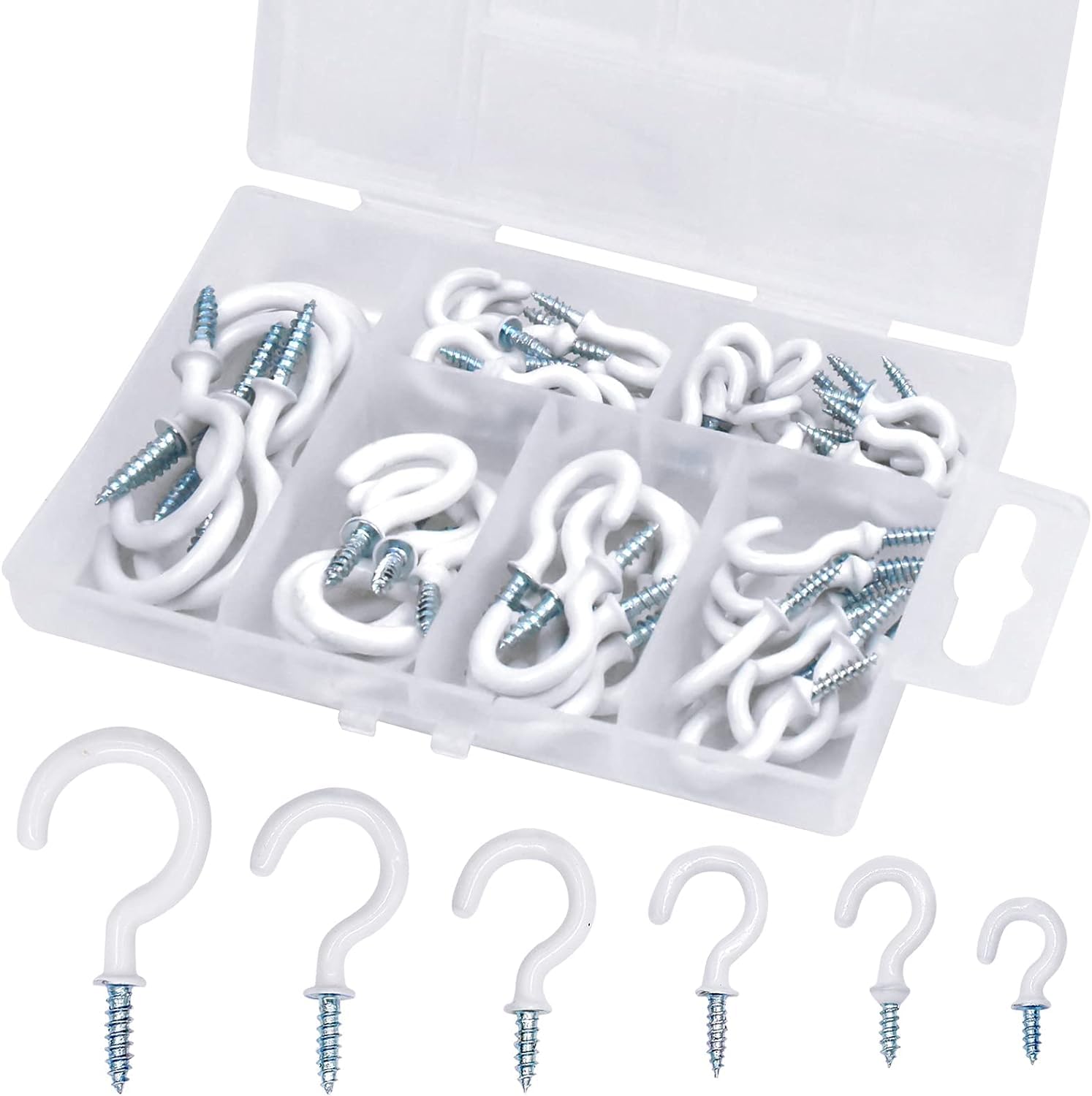 70 Pcs Screw in Eye Hooks White Hooks Plastic Coated Ceiling Hooks for Hanging Hooks Steel Plastic Coated Ceiling Hooks for Hanging Plants Under Cabinet Shelf Wall Cups - with Storage Box