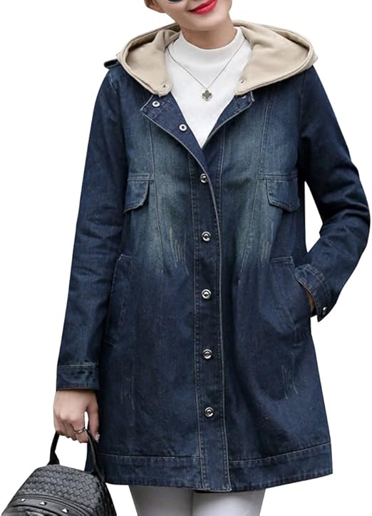 Woman Warm Thickened Wool Hooded Denim Jacket Classic Fleece Lined Long