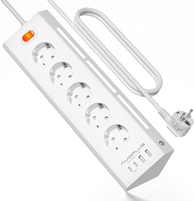 Multiprise avec 5 Prises et 4 Ports USB (2 USB A+2 USB C), Blanc