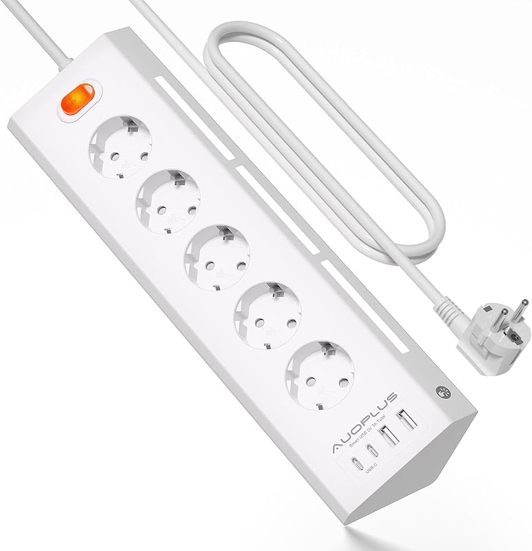 Multiprise avec 5 Prises et 4 Ports USB (2 USB A+2 USB C), Blanc — photo 1 sur 8