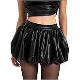 MakeMeChic Women's PU Leather Bubble Mini Skirt Elastic Waist Ruffle Y2K Party Club Skirts