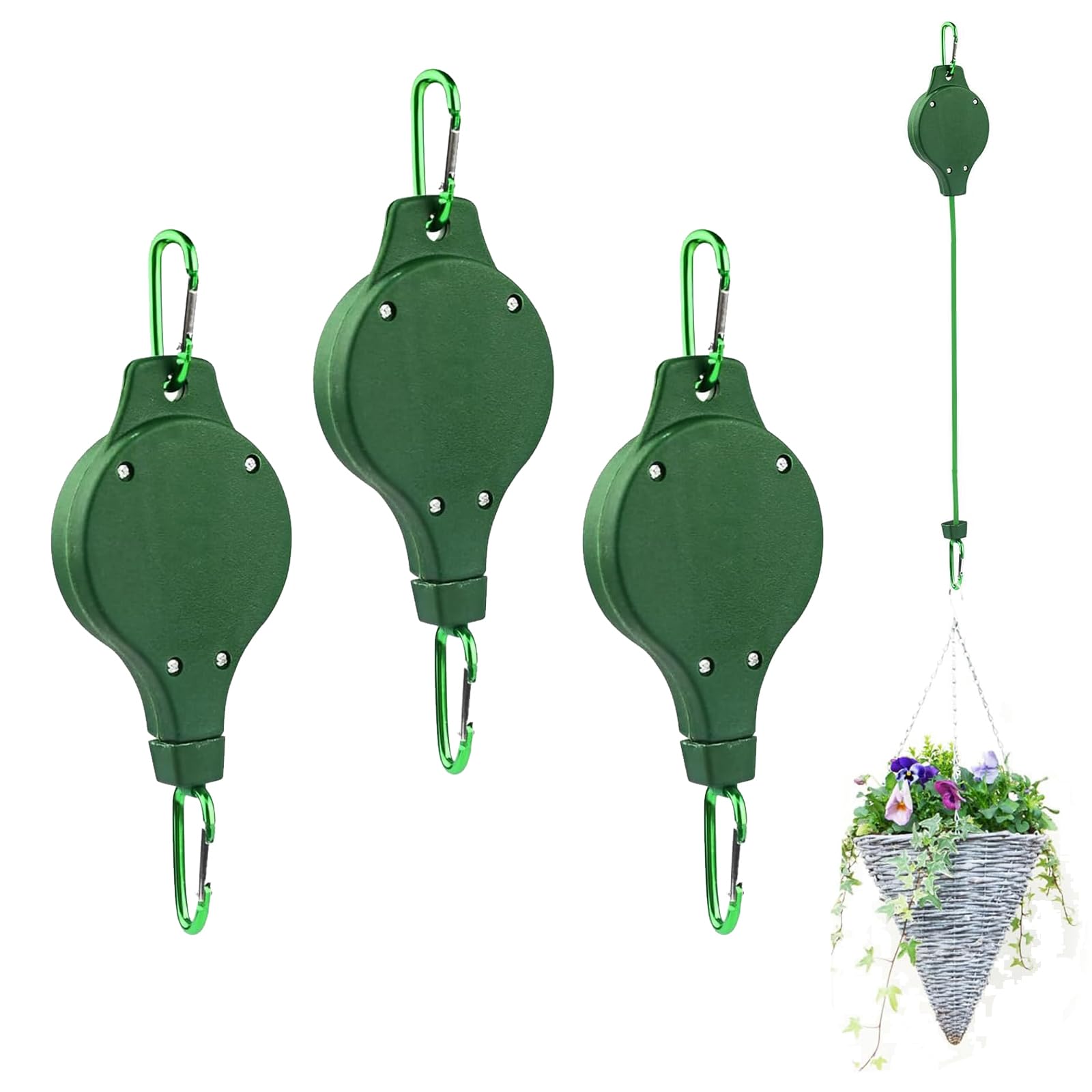 Youery 3 Pieces Hanging Basket Pulley, Plant Pulley, Retractable Plant Hanger Heavy Duty Plant Pulley Hook for Garden Hanging Baskets and Birds Feeder, Green