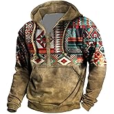 Amfcv Western Aztec Hoodies for Men Ethnic Print Graphic Half Zip Pullover Sweatshirts