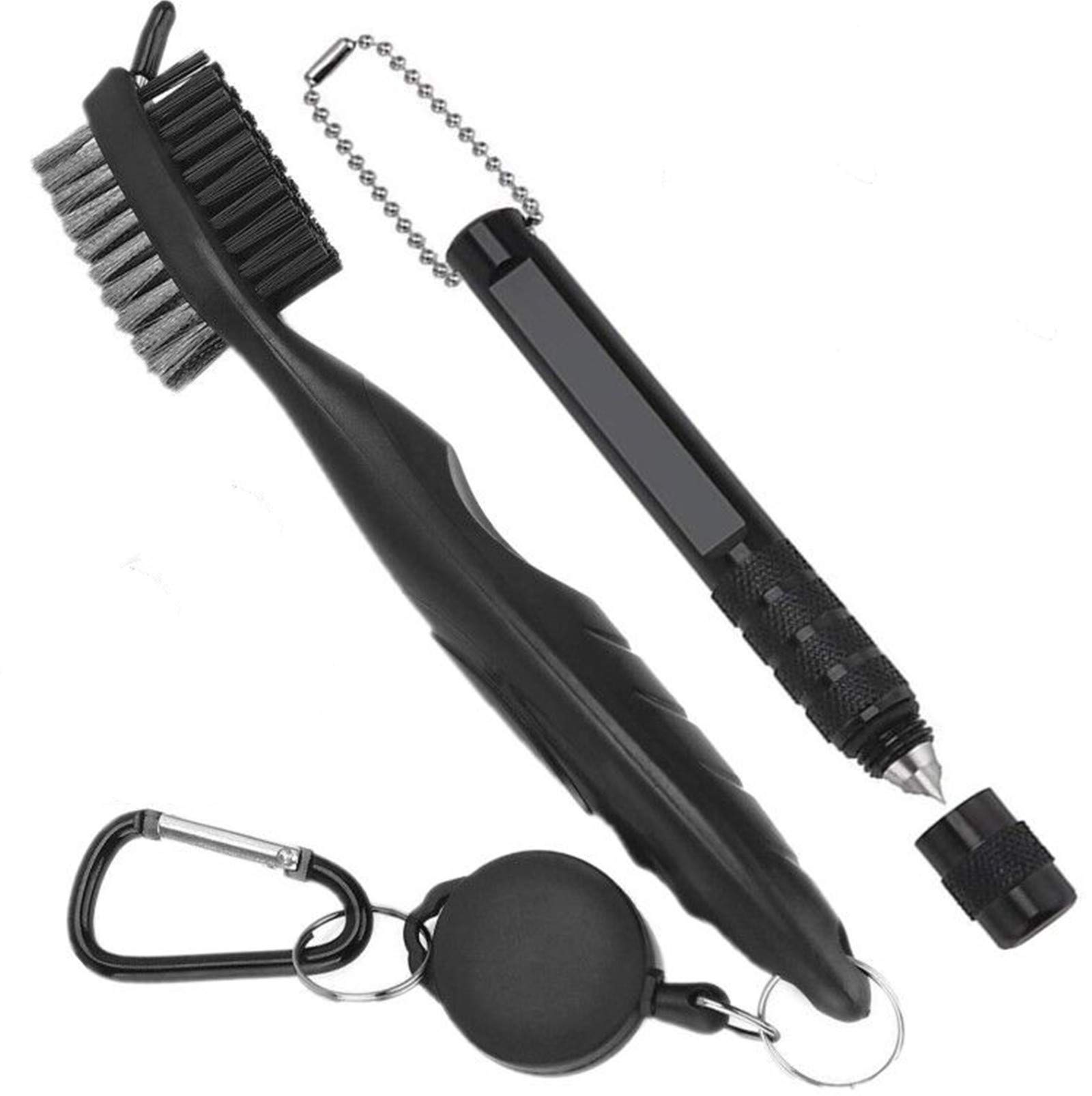 Golf Club Groove Cleaner Sharpener and Golf Brush Set, Cleaning Sharpening Kit for Wedge Irons, Double Sided Brush with Spike for Cleaning Club Groove Easy to Use and Attach to Golf Bag (Black)