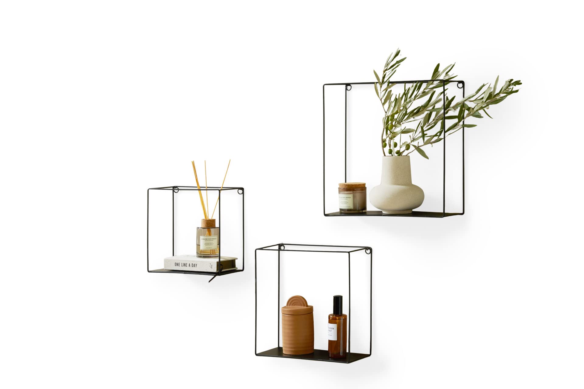 LIFA LIVING Set of 3 Wall Shelves, Square Floating Bookcases, Modern Black Metal Shelving Units, Pre-assembled Decorative Hanging Shelves, 3 kg Maximum Capacity