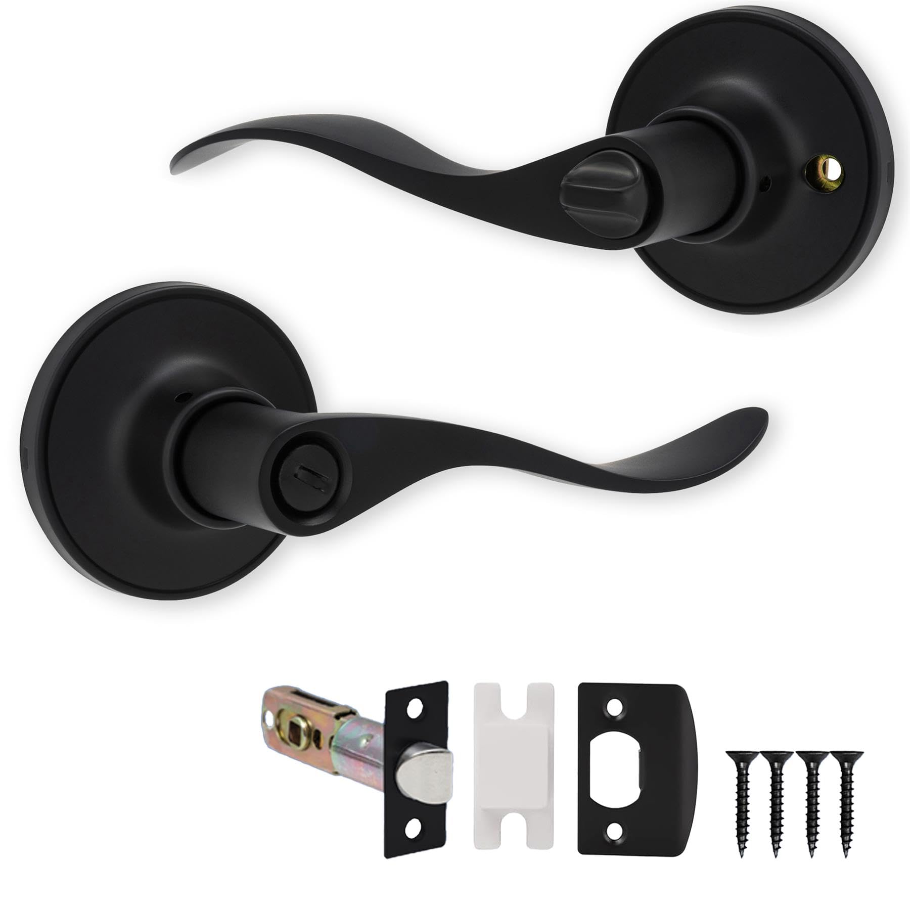 XFORT Cabriole Privacy Knob Set Matt Black, Keyless Door Knob with Lock for Internal Wooden Bathroom Doors, Complete Set with Tubular Latch