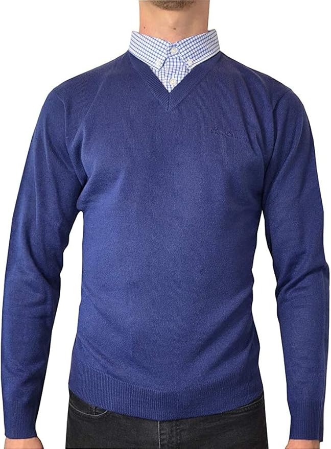 Bhu VNeck Knitted Jumper with Mock Shirt Collar Insert,Cobalt,M