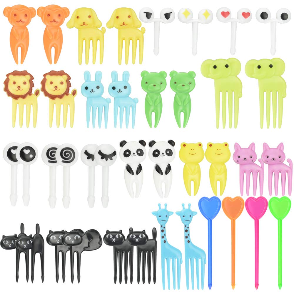 DECARETA Food Fruit Fork Cake Forks Dessert Forks,Bento Food Picks Toddlers Lunch Decoration 40 Piece Animal Forks with 18 Shape Mini Cartoon Cute Food Toothpick for Kids,Chirdren Home Party