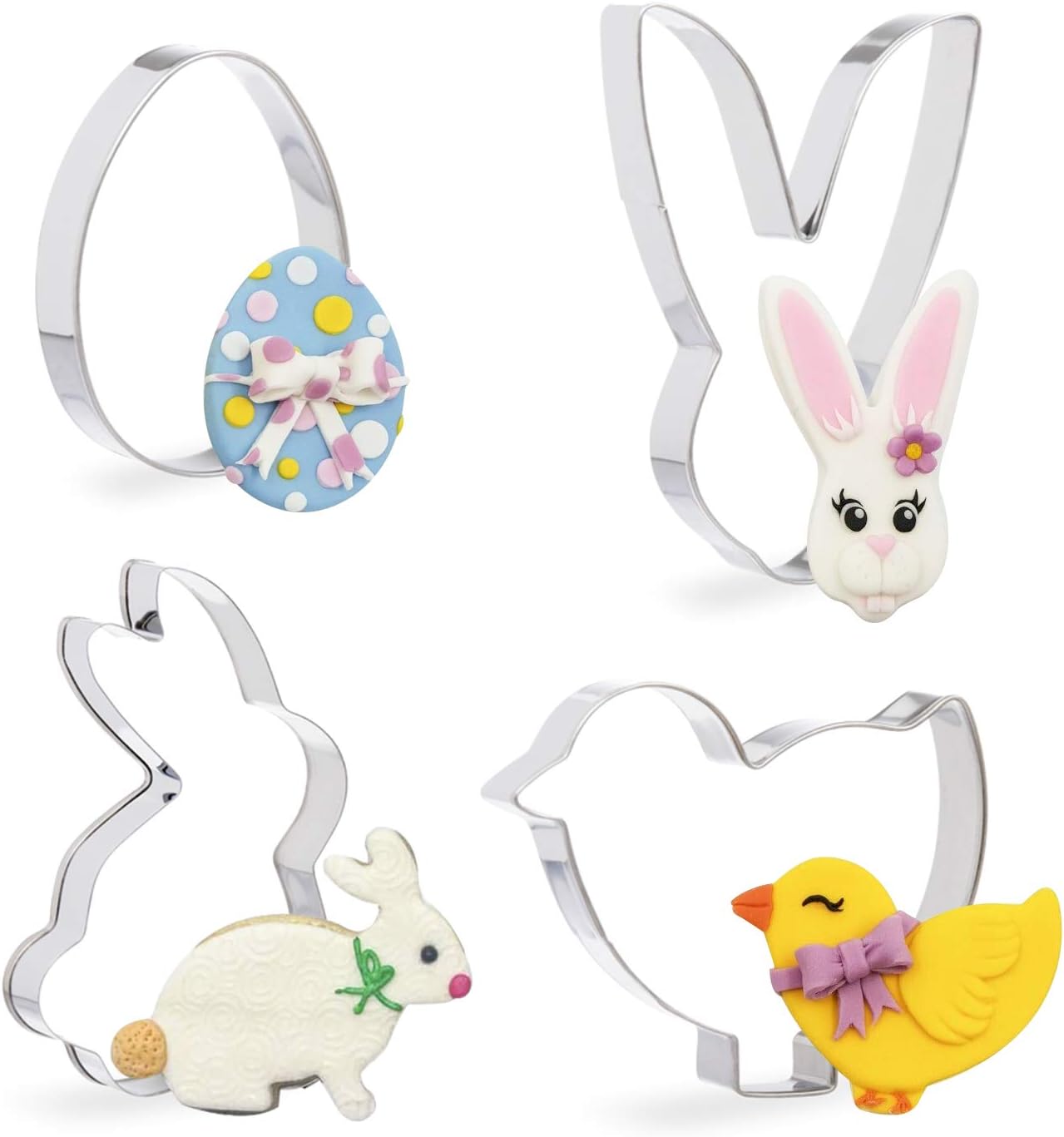 Invero® 4 Pack Easter Cookie Cutter Set including Bunny Chicken Egg Chick Rabbit Shapes Fondant Biscuit, Silver