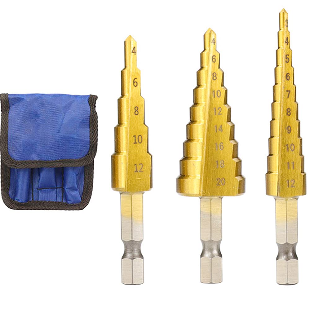 4 Pcs Step Drill Bit Sets,Cone Drill Bit Set,Hex Shank Metric Quick Change with Impact Driver for DIY Woodworking,Metal,Plastic(3-12/4-20/4-12mm)