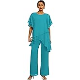 2 Pieces Mother of The Bride Pantsuits Chiffon Short Sleeve Mother of The Groom Pant Suits