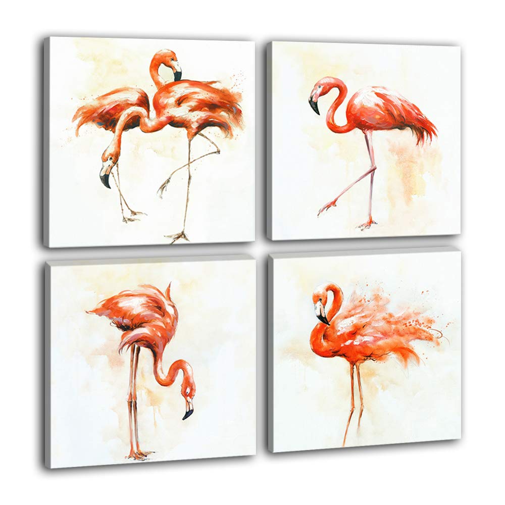 Hongwu 4 Piece Canvas Wall Art Flamingo Painting Modern Canvas Art Prints Bird Pictures on Canvas Stretched and Framed Ready to Hang for Home Decoration Wall Decor 12x12inch