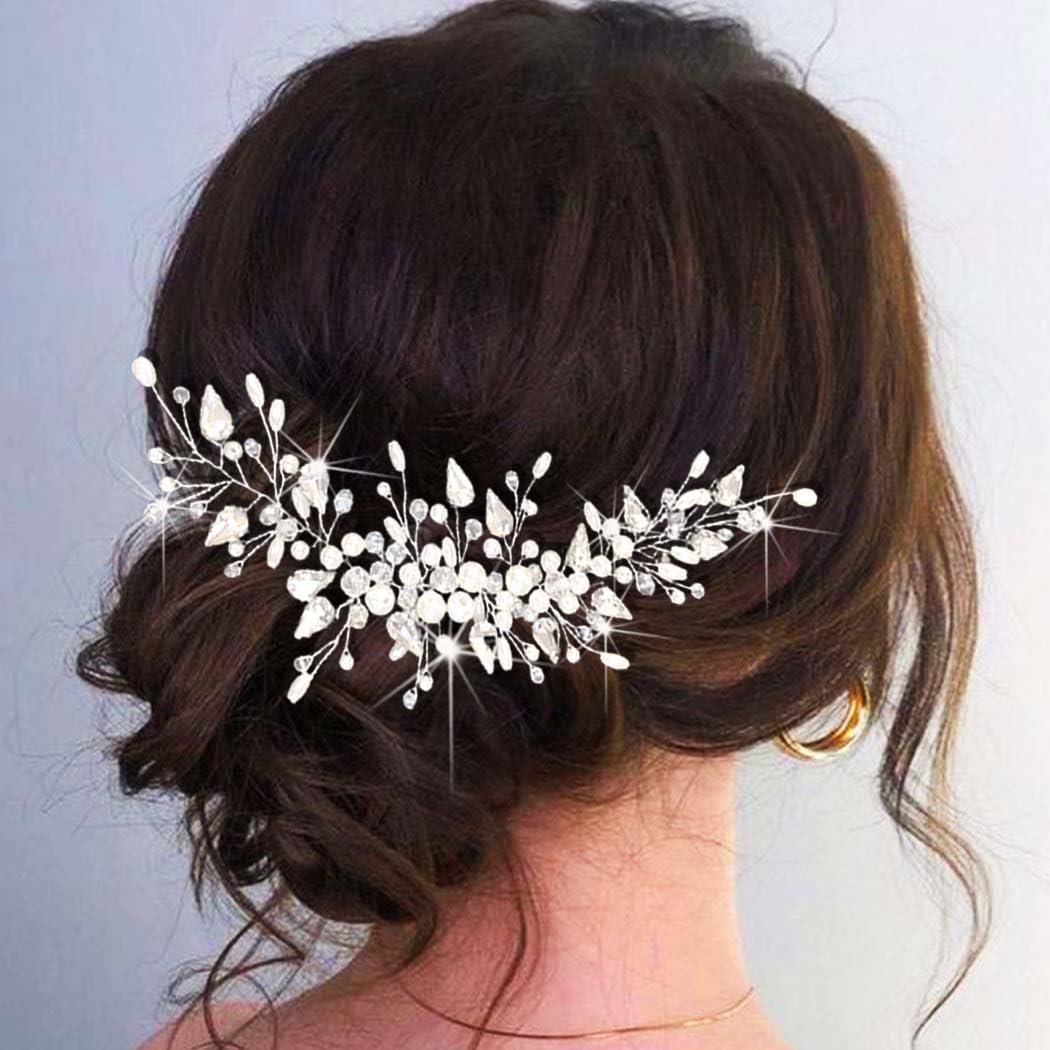 Unicra Silver Wedding Hair Vine Rhinestone Bridal Headpiece Pearl Hair Accessories for Women and Brides