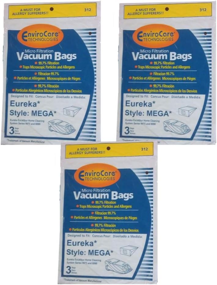 EnviroCare 9 Bags (3Pkg) Eureka MEGA #58624 (58624A) Cannister Vacuum Cleaner Allergen Style Bags Model Excalibur Powerteam 6975 and 6990
