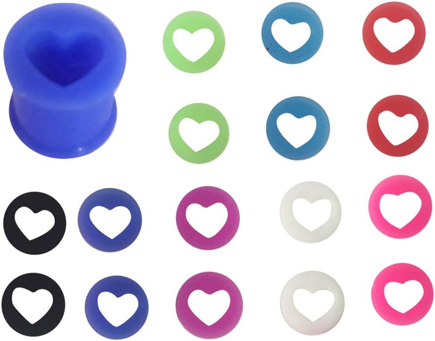 16 Pieces Heart Silicone Tunnels Set Mix Colors Flexible Gauges Kit 2G,0G,00G,12mm - 8 Pairs