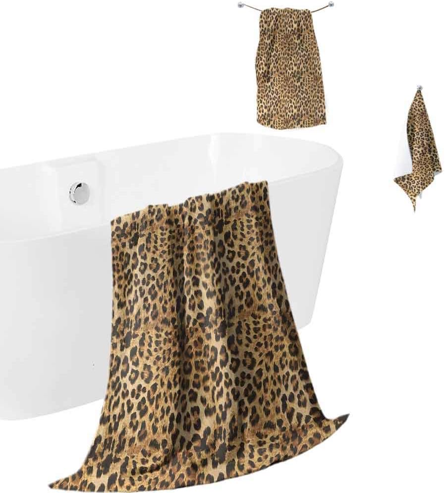 Mademai Brown Bath Towel Set 3 Pieces Leopard Print Animal Skin Digital Printed Wild Safari Themed Spotted Pattern Art,Soft and Thick Towel-Machine washableBrown
