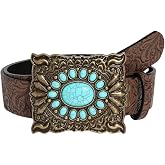 GORGLITTER Women's Western Belts Turquoise Cowgirl Counrty Leather Belts | Cowboy Concho Buckle Belts, Vintage Boho Wide Belts for Women Trendy