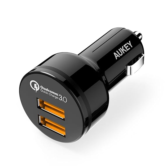 AUKEY QC 3.0 Car Charger, Dual Ports 18W Quick Charge Qualcomm Certified 36W in Total for Samsung Note 8 / S9 / S10+, LG G6 / V30, HTC 10 and More