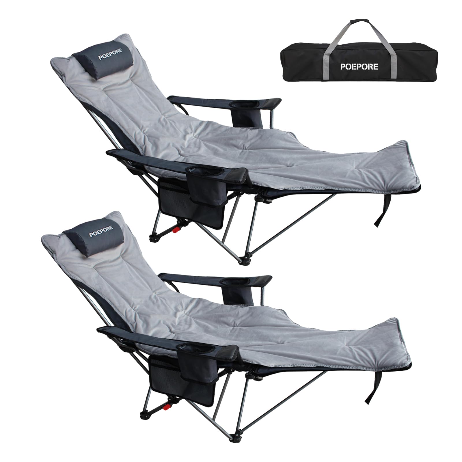 Photo 1 of POEPORE 2-Pack Reclining Camping Chair with Removable Footrest Lounge Chair with Headrest, Cotton Cushion, Portable Adjustable Folding Chairs for Adults Grey