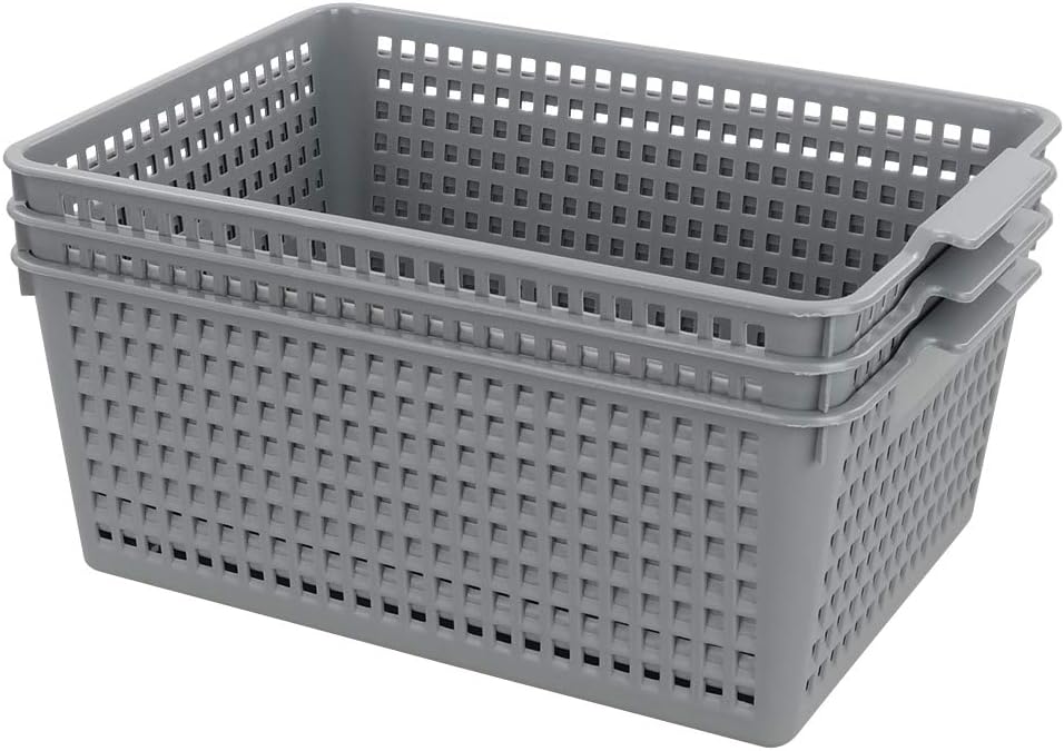 Yarebest Large Plastic Storage Basket Box, Cupboard Storage Baskets, 3-Pack (Grey), 35 cm x 26 cm x 14.5 cm