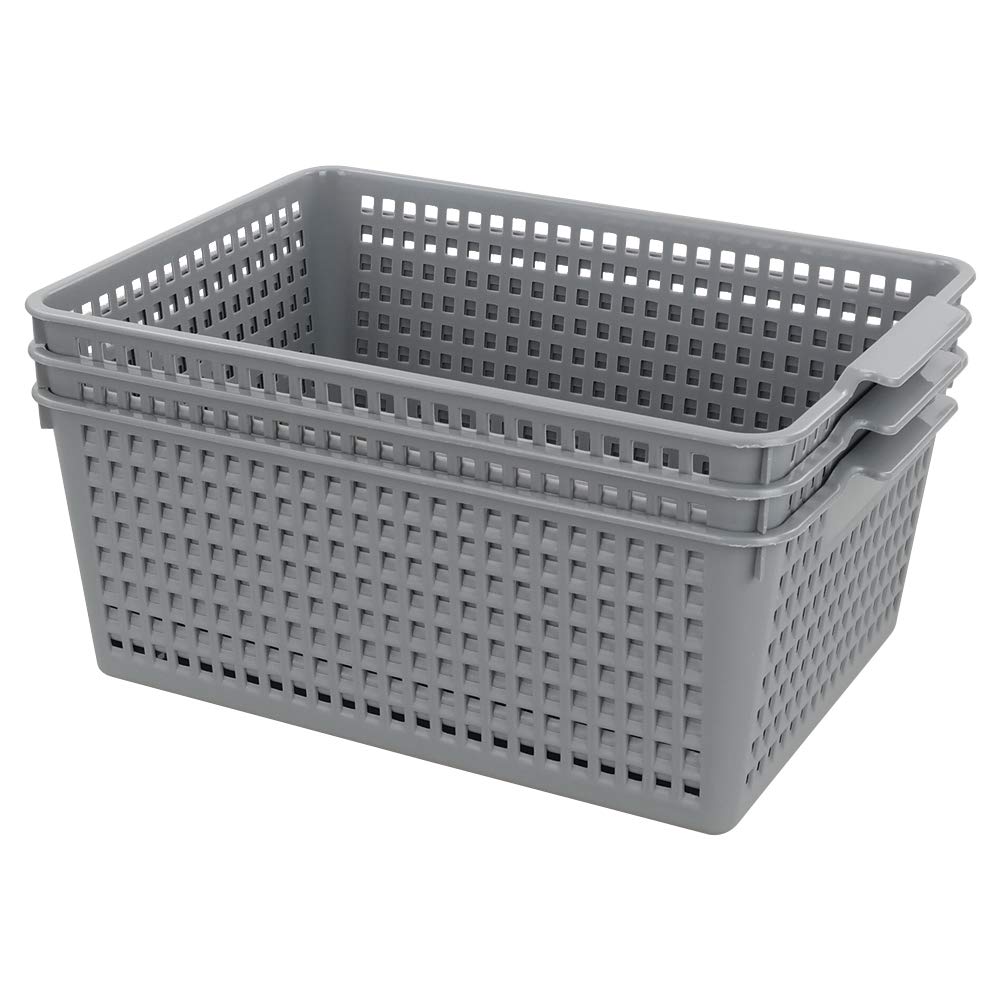 Yarebest Large Plastic Storage Basket Box, Cupboard Storage Baskets, 3-Pack (Grey)