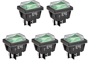 Heschen High Current Rocker Switch, 30A 250VAC, ON-OFF 2 Position, DPST, 4 Terminals, Green Light, T125, with Waterproof Cove