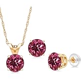 Gem Stone King 14K Yellow Gold Pink Tourmaline Pendant Earrings Jewelry Set For Women | 1.50 Cttw | Gemstone October Birthstone | Round 5MM | with 18 Inch Chain