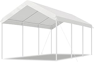 Aoxun 10x20 FT Premium Heavy Duty Carport with Tarp & Wind Resistance Portable Carport Car Tent Outdoor Car Port with Tear Resistant Canopy, No Sidewall - Milky White