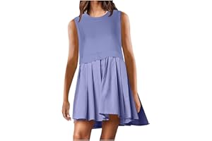 GOHRSHA Sleeveless Dresses for Women Casual Summer Pleated Tank Dress Ruffle Flowy Mini Dress Solid Crewneck Pleated Dress