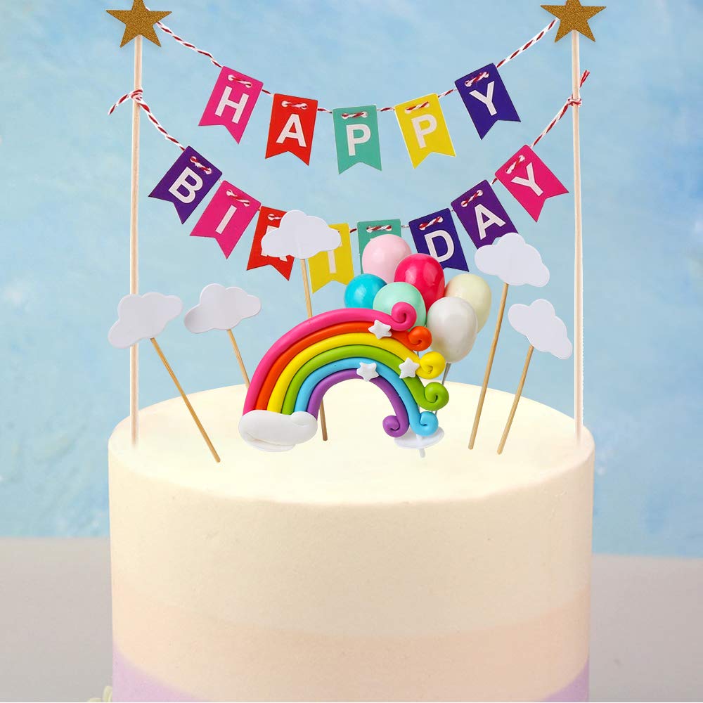 VEYLIN 13 Pieces Cake Topper Kit Rainbow Cloud Happy Birthday Cake Topper Kids Cake Decoration for Birthday Baby Showr Party