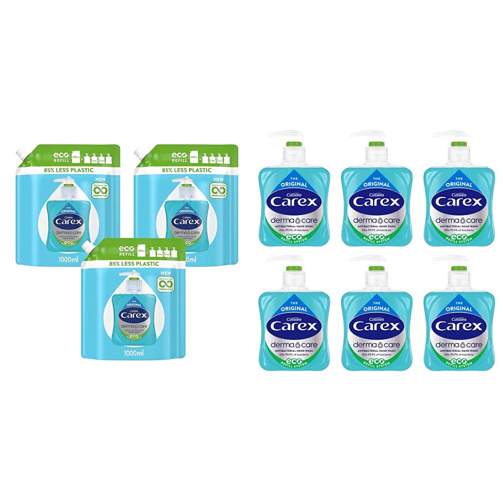 Carex Antibacterial Original Dermacare Hand Wash Liquid Soap Refill, Pack of 3 Handwash Pouches, 3 x 1 Litre Pouches with Antibacterial Hand Wash Soap with Added Moisturisers, Gentle Hand Soap