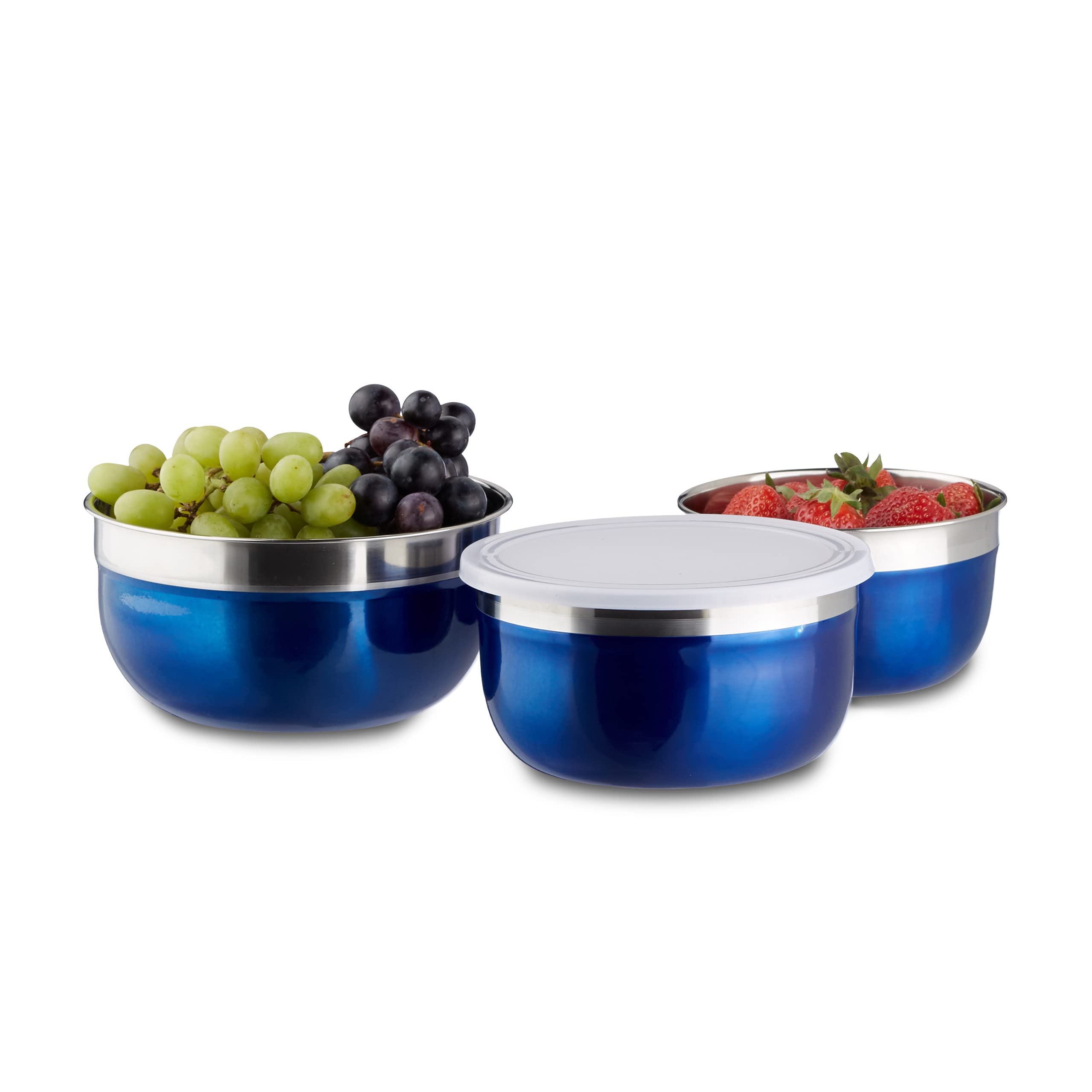 Relaxdays Bowl Set with Lids, 3-Piece Set, Different Sizes, Stainless Steel, Kitchen, Camping, Blue