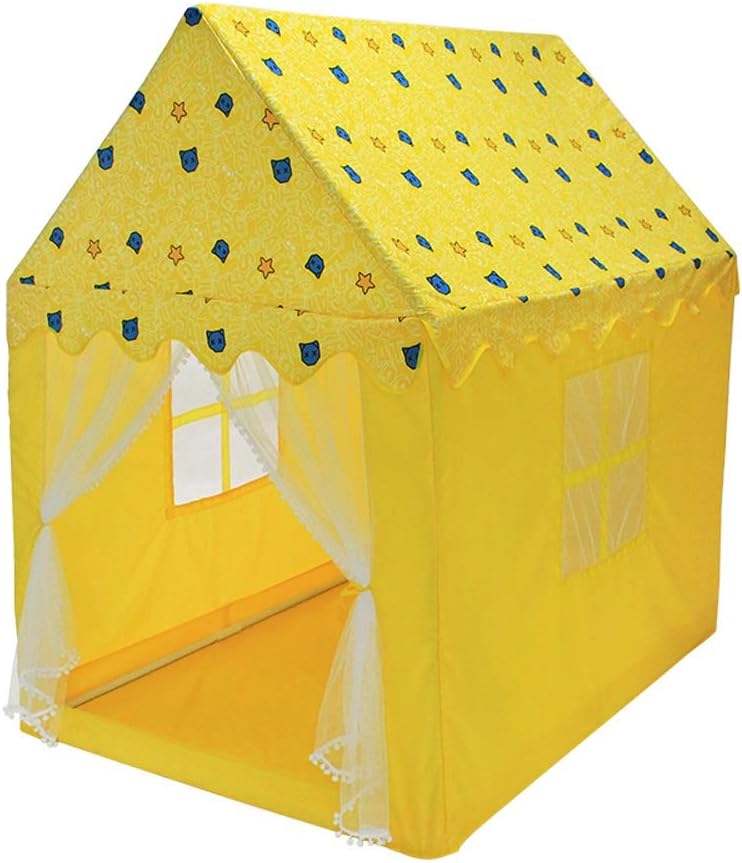 Kibten Large Yellow Cat Star Patter Decoration Child Kids Play Tent Cotton Canvas Wooden Household Boys Game Room Toy House Girl Princess House Teepee with Floor Mat for Children Gift