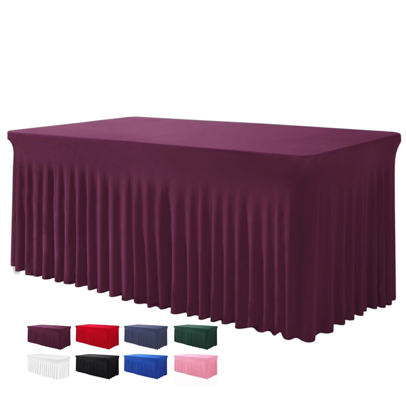 Photo 1 of BDDC Table Skirt for 4 Foot Tables - One-Piece Burgundy Tablecloths and Skirt, Wrinkle Resistant Ruffles Elastic Cover for Banquets, Weddings, Events, Parties
