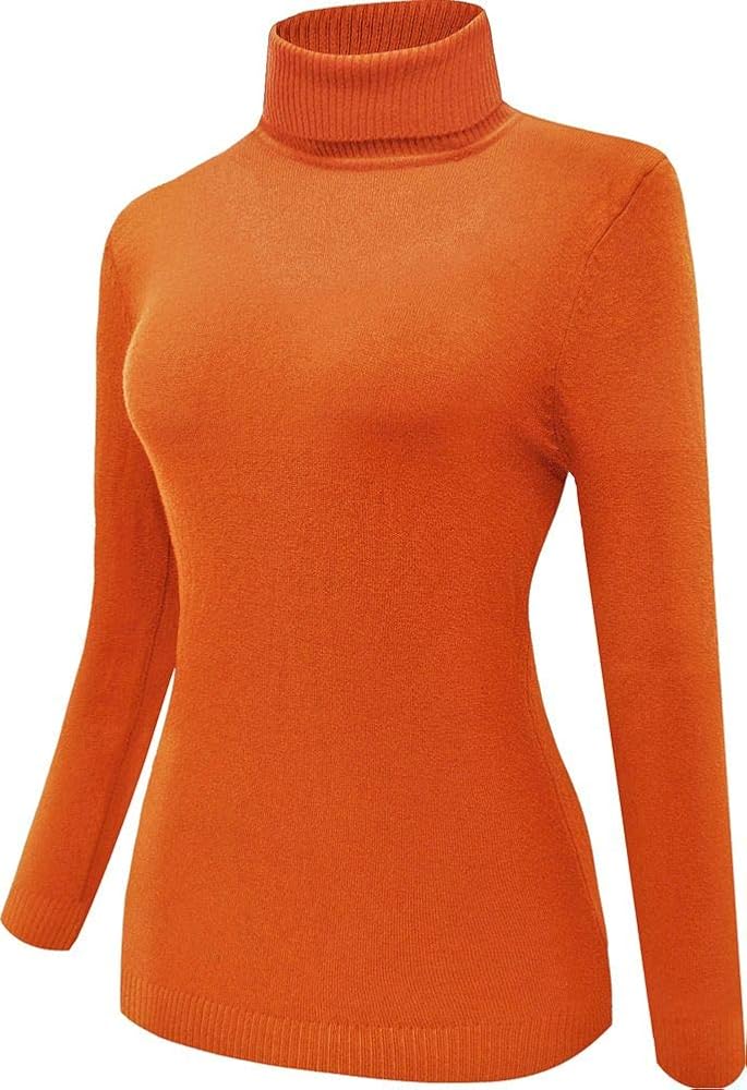 Womens Slim Fit Casual Orange Turtleneck High Neck Long Sleeve