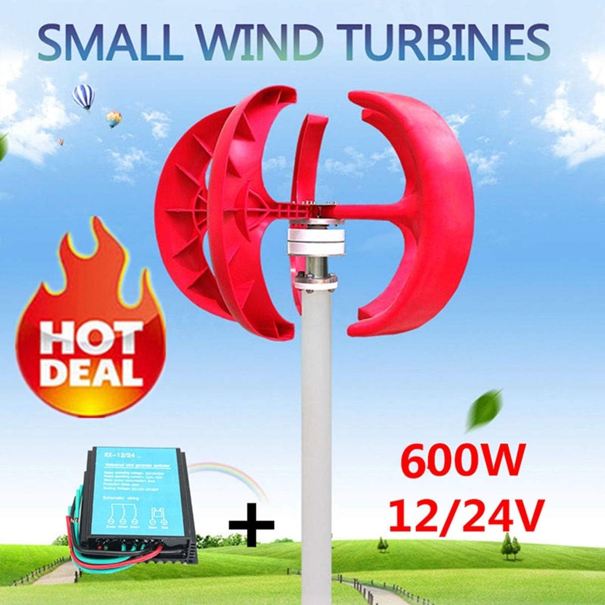 Wind Turbine 600W 24V Generator Red Lantern Vertical Wind Generator 5 Leaves Kit with Controller No Pole(24v)